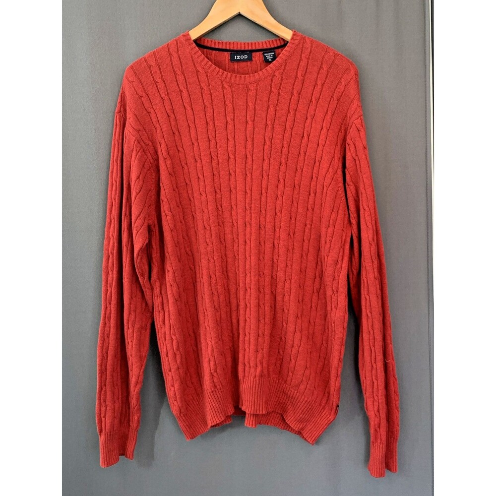 Izod Cable Knit Crew Neck Cotton Sweater Size XL Orange Pullover Grandpa Preppy